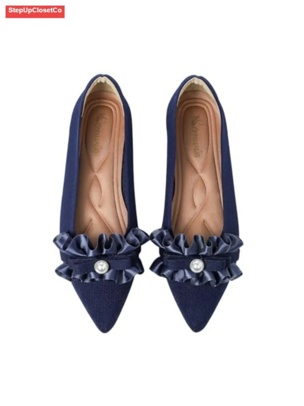 Pointed Toe Ballet Flats with Pearl Bow - Memory Foam Knit Slip-on Shoes
